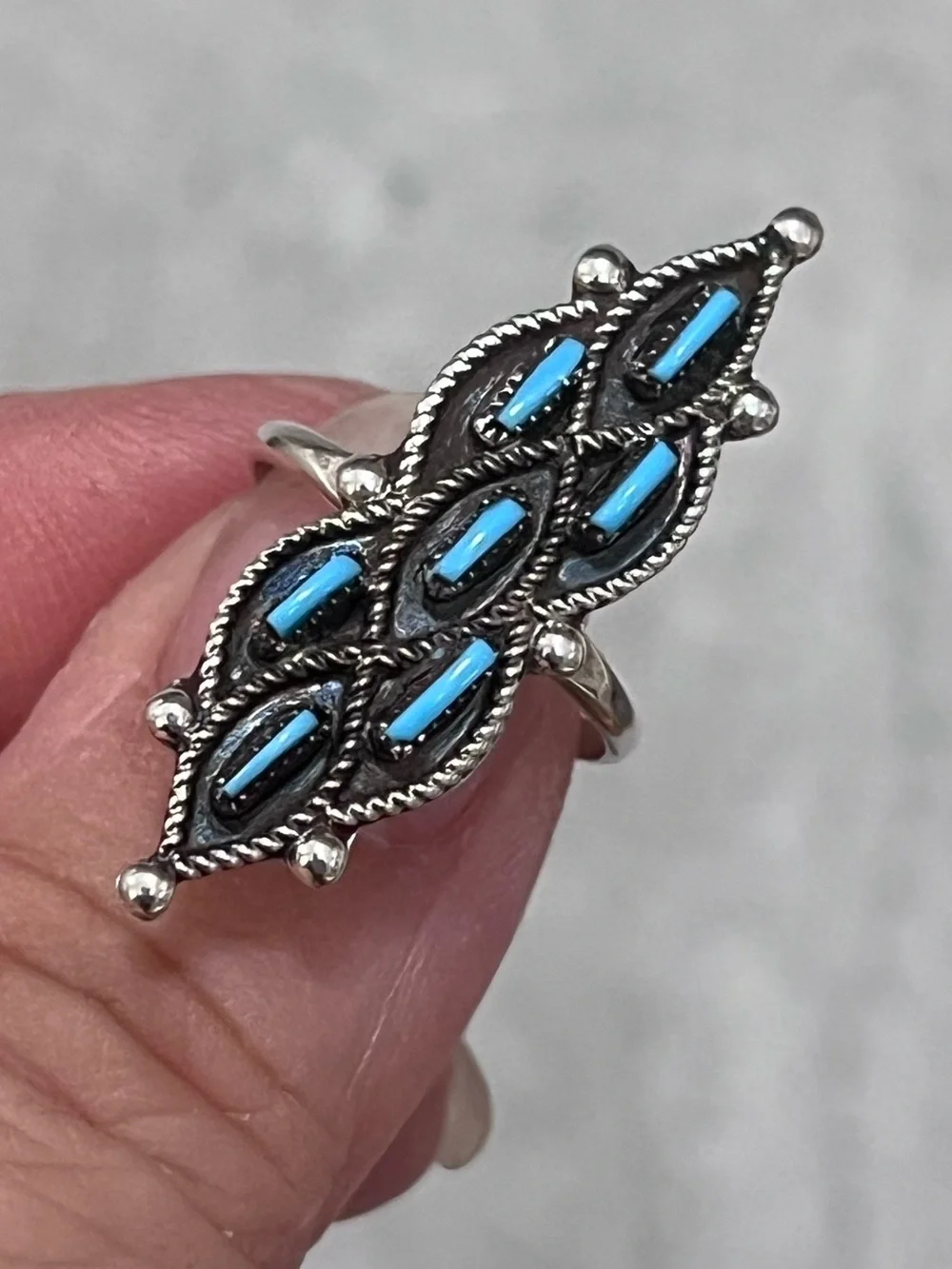925 Sterling Silver & Kingman Turquoise Native Zuni Needlepoint Ring size 6